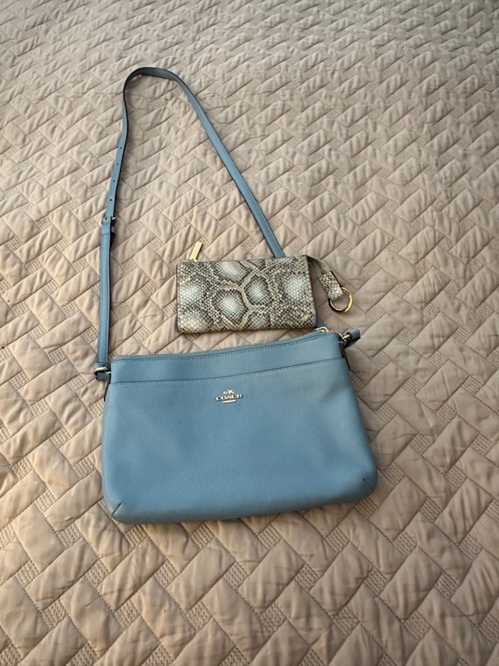 Coach Light Blue Pebbled Leather Crossbody Bag + Snake Print Wristlet
